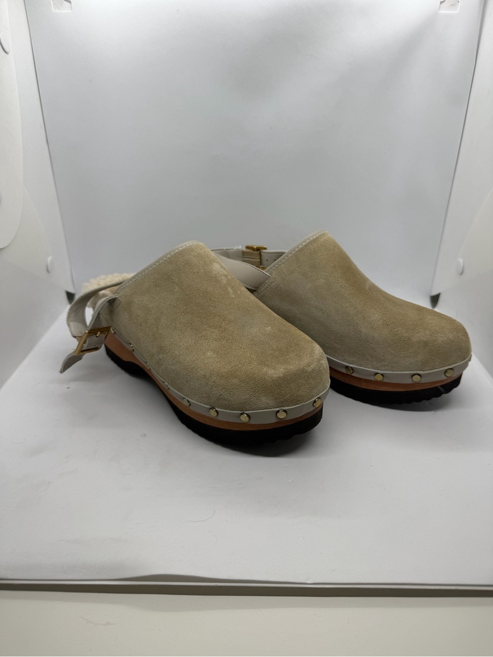 M. Gemi Beige Suede Shearling-Trim Clog Mules